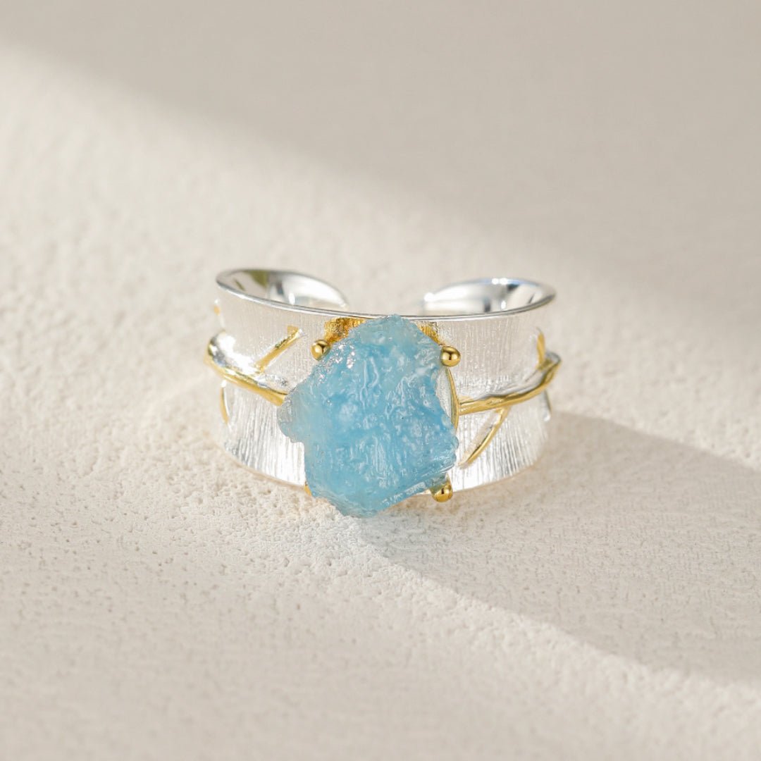 Bague Aigue Marine ajustable avec motif or – Éclat océanique - Biloria