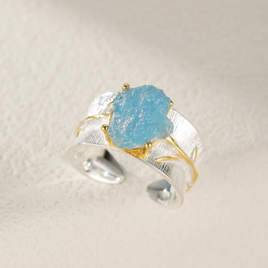 Bague Aigue Marine ajustable avec motif or – Éclat océanique - Biloria