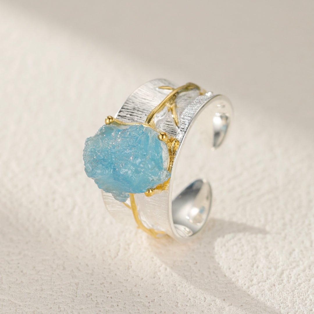 Bague Aigue Marine ajustable avec motif or – Éclat océanique - Biloria