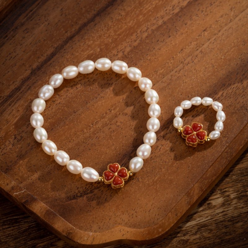 Bague ajustable perle et agate rouge trèfle chance - Biloria