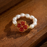 Bague ajustable perle et agate rouge trèfle chance - Biloria