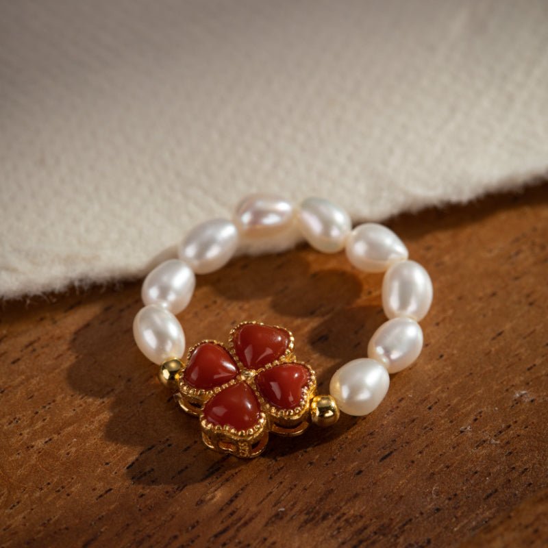 Bague ajustable perle et agate rouge trèfle chance - Biloria