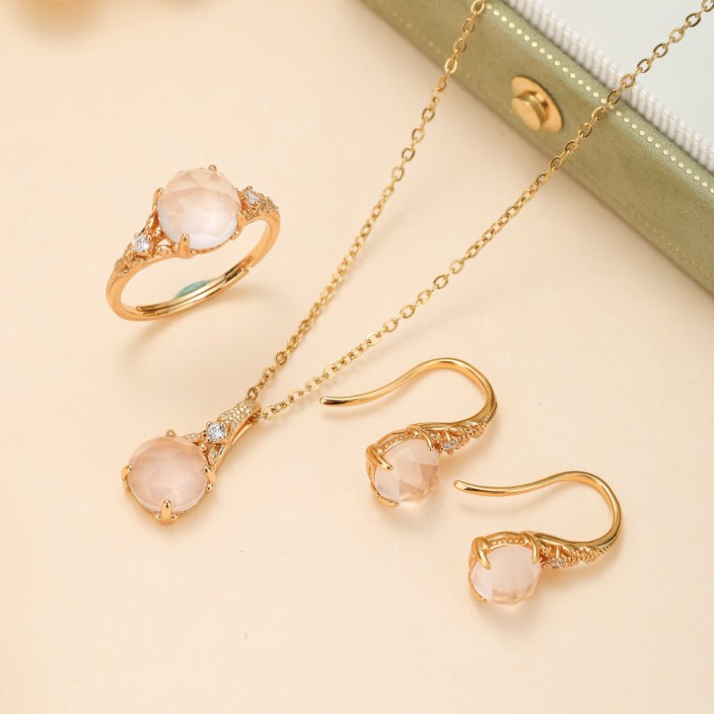 Bague Ajustable Quartz Rose Zircon Argent Plaqué Or - Biloria