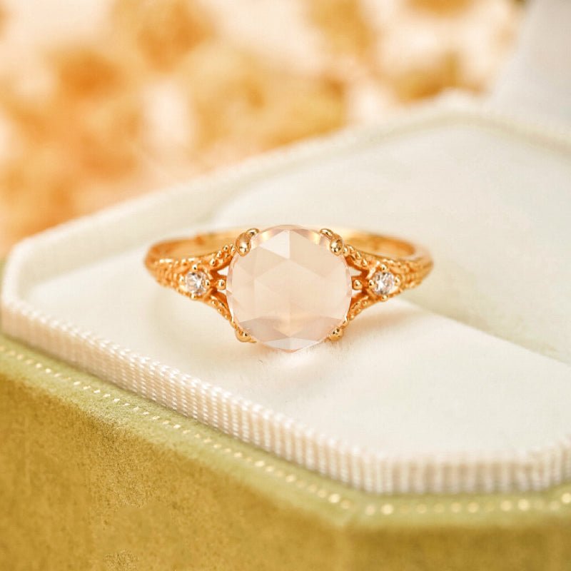 Bague Ajustable Quartz Rose Zircon Argent Plaqué Or - Biloria