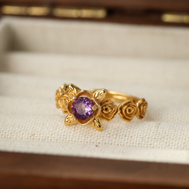 Bague Améthyste Floral Argent Plaqué Or – Apaisante - Biloria