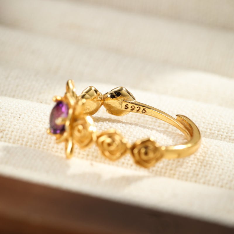Bague Améthyste Floral Argent Plaqué Or – Apaisante - Biloria