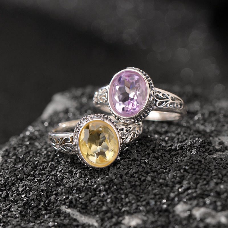 Bague Améthyste ou Citrine ajustable – Argent 925 motif floral - Biloria