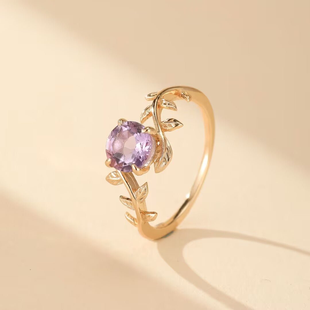 Bague Améthyste Violette Branche Printemps Argent Plaqué Or 14K - Biloria