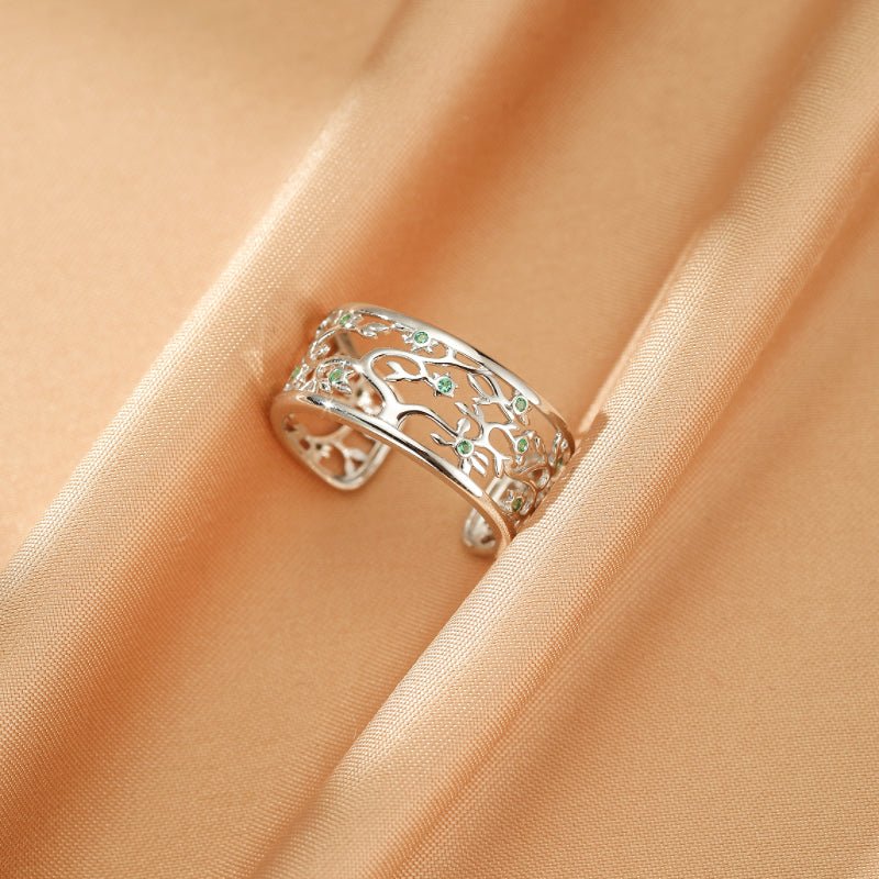 Bague Arbre de Vie Zircon Vert Argent 925 Ajustable - Biloria
