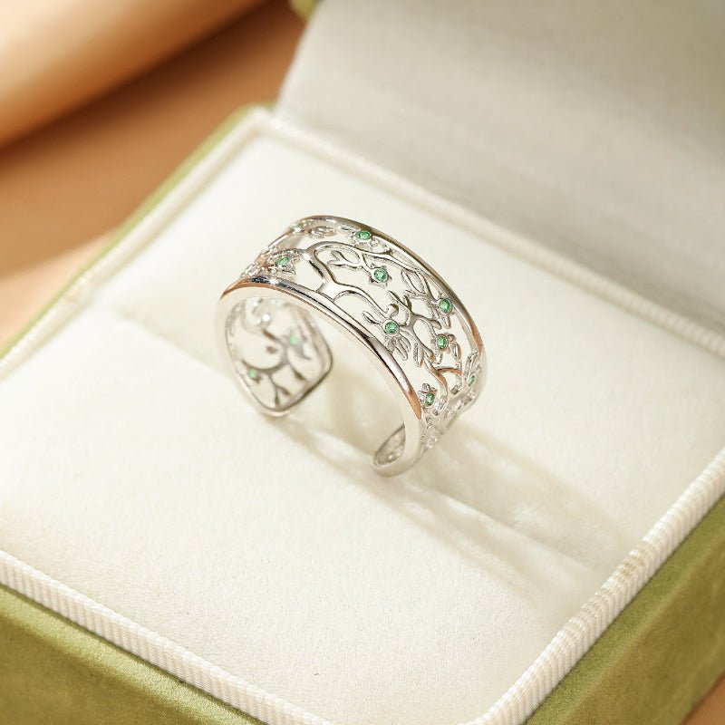 Bague Arbre de Vie Zircon Vert Argent 925 Ajustable - Biloria