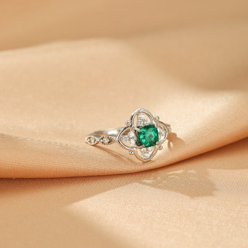 Bague Argent S925 Émeraude Trèfle Porte-Bonheur - Biloria
