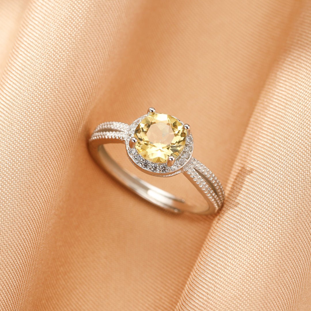Bague Citrine Argent 925 Pierre Ronde 7mm Ajustable - Biloria