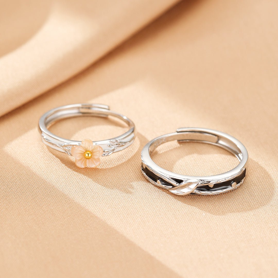 Bague Couple Fleur et Feuille Argent 925 Ajustable - Biloria