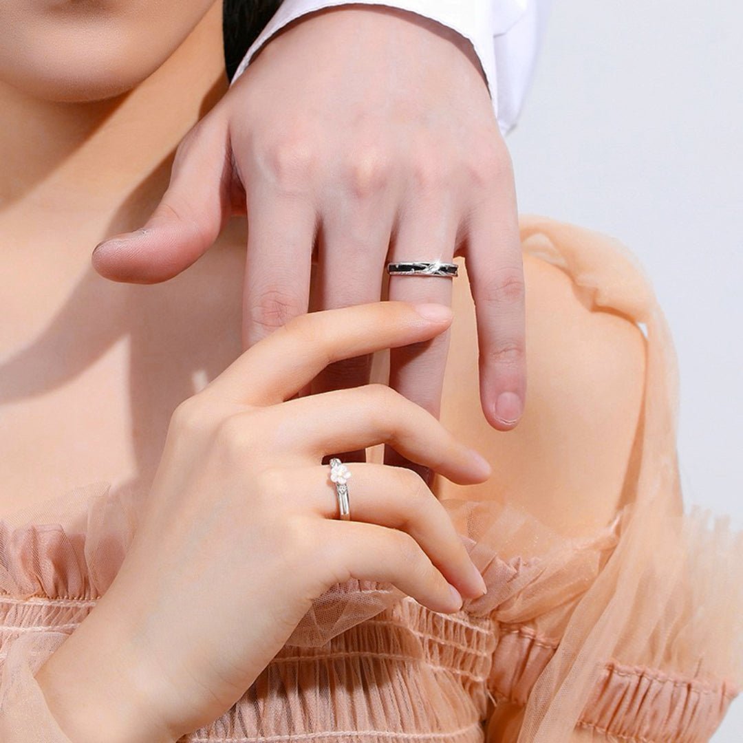 Bague Couple Fleur et Feuille Argent 925 Ajustable - Biloria
