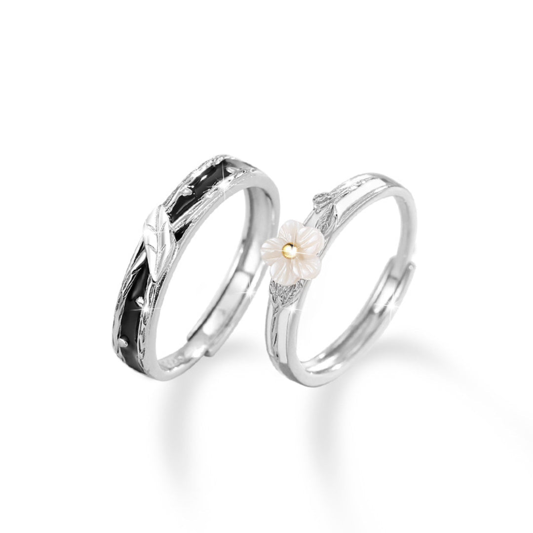 Bague Couple Fleur et Feuille Argent 925 Ajustable - Biloria