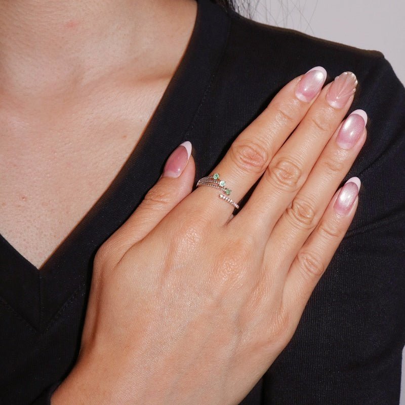 Bague Émeraude et Zircon Argent Ajustable - Biloria