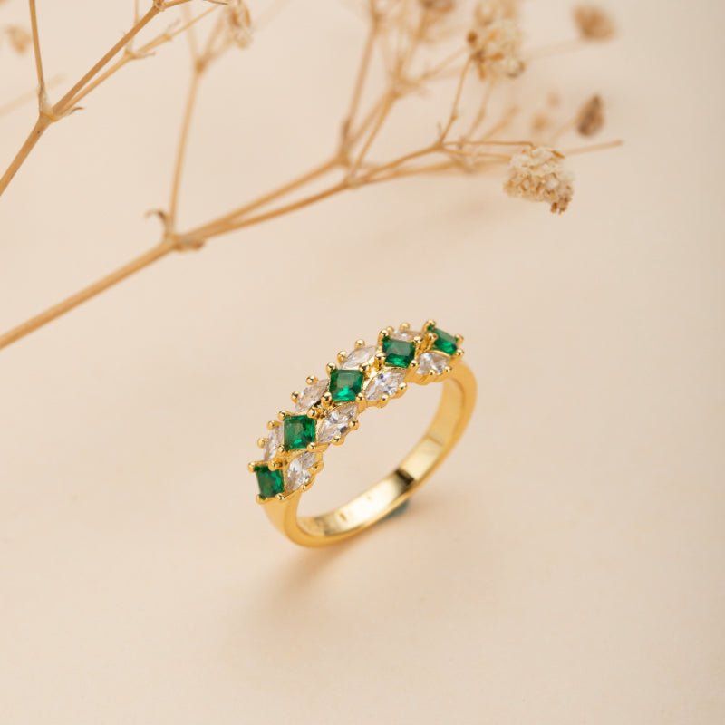 Bague Émeraude et Zircon en Argent Plaqué Or - Diadème Royal - Biloria