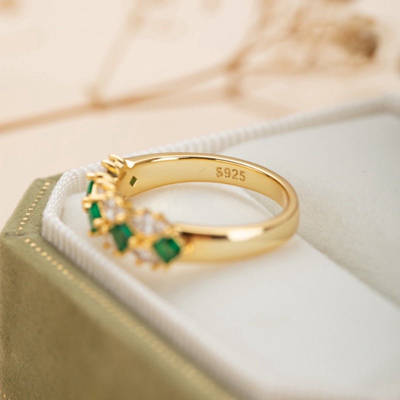 Bague Émeraude et Zircon en Argent Plaqué Or - Diadème Royal - Biloria