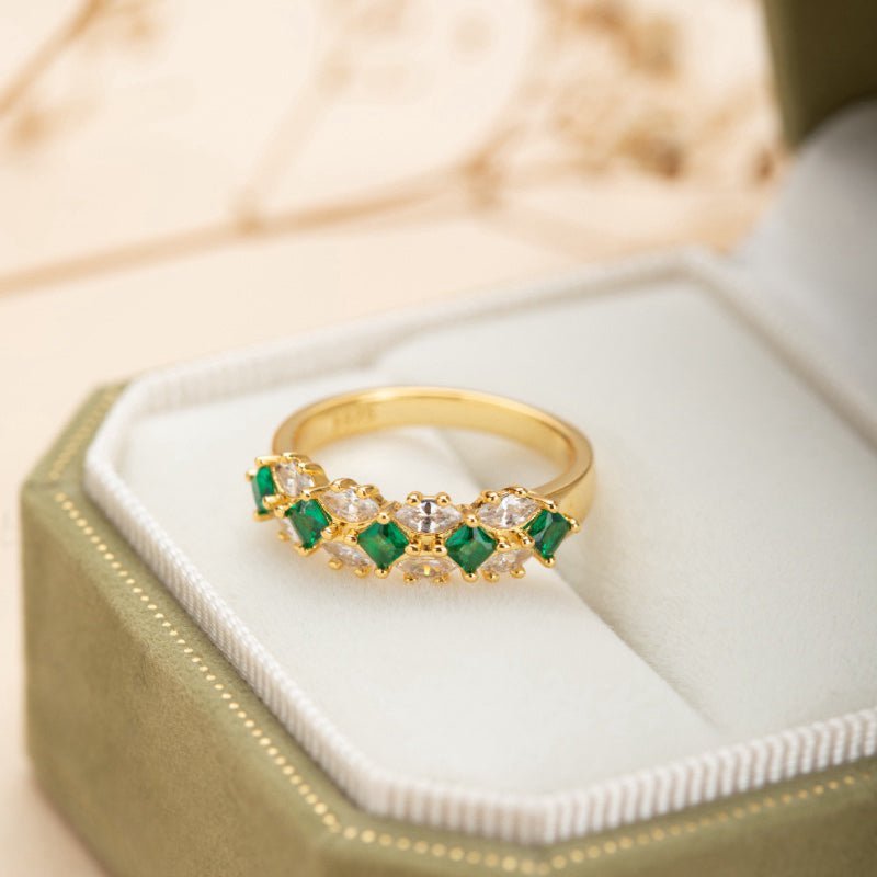 Bague Émeraude et Zircon en Argent Plaqué Or - Diadème Royal - Biloria