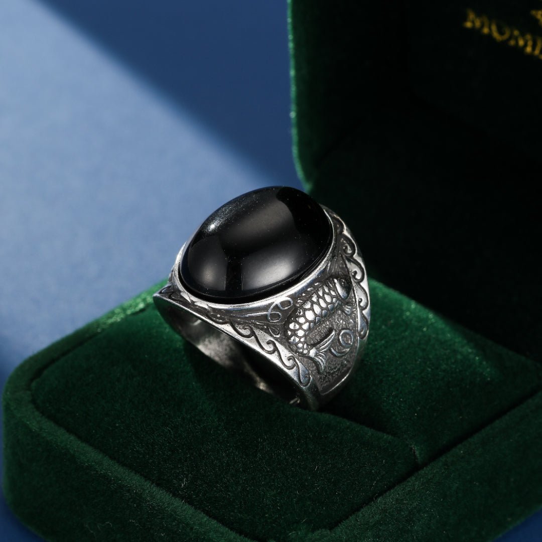 Bague Homme Obsidienne Carpe Koï Force Aquatique - Biloria