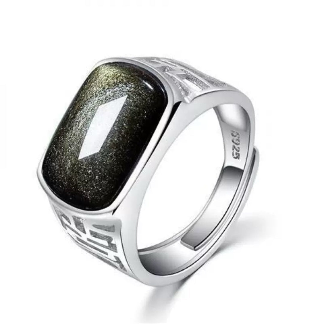Bague Homme Obsidienne Rectangulaire Argent Massif 925 - Biloria