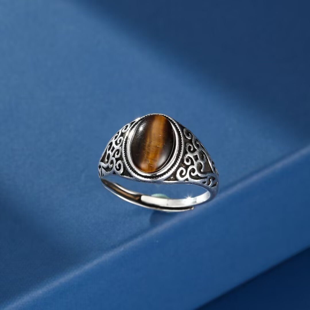 Bague Homme Œil de Tigre Laiton Gravée – Bijou Ajustable - Biloria