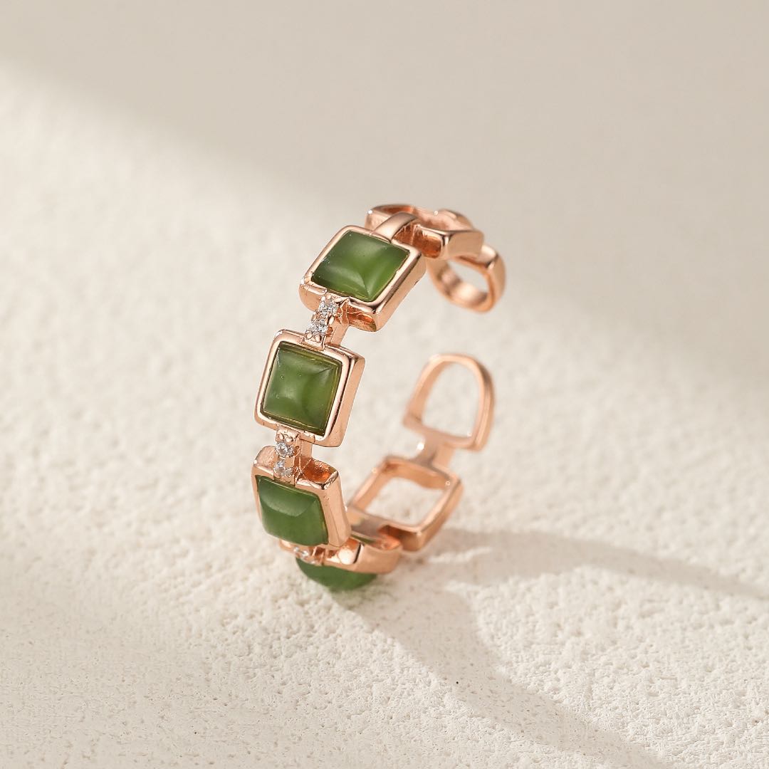 Bague Jade Ajustable offrir Paix Intérieure Argent Plaqué Or - Biloria