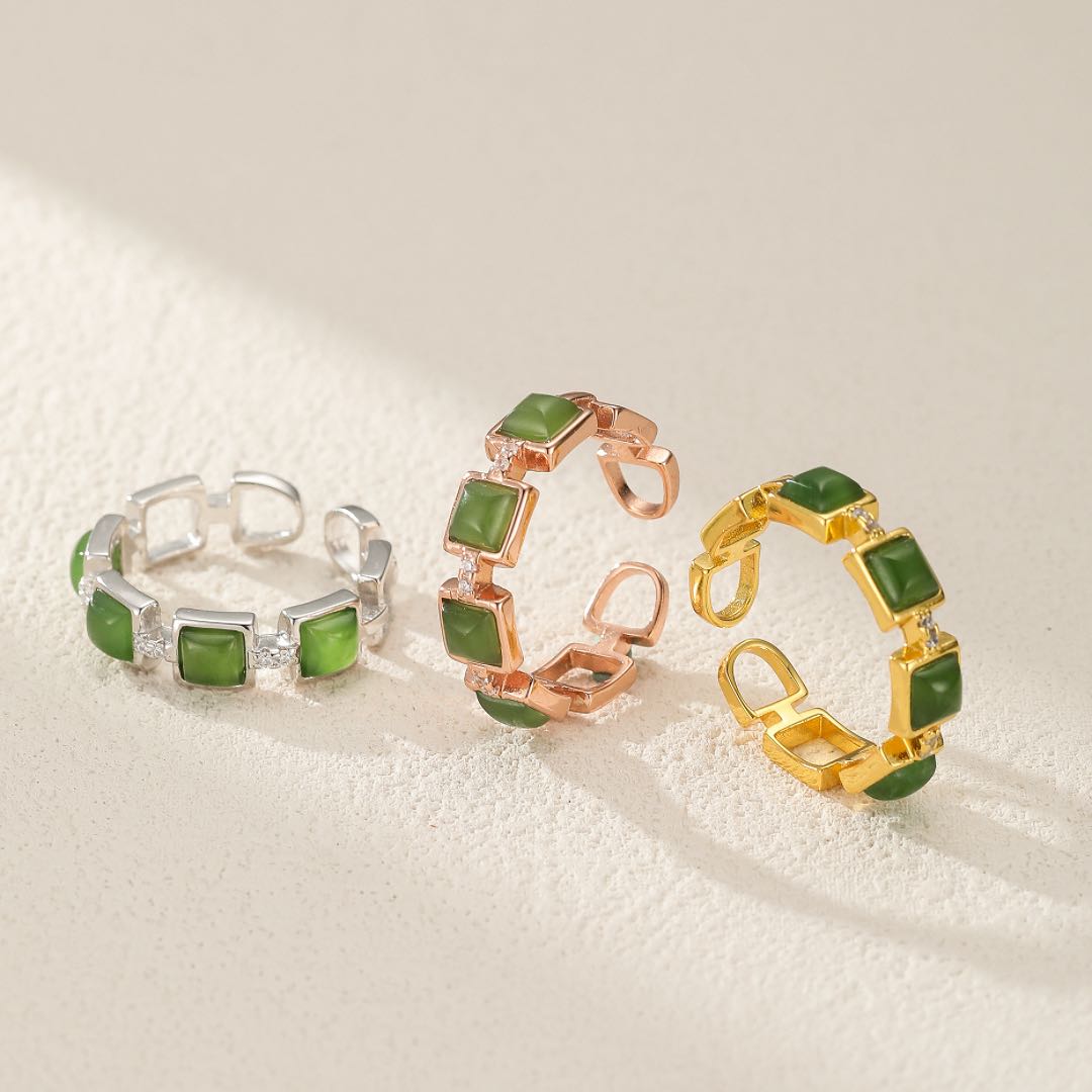 Bague Jade Ajustable offrir Paix Intérieure Argent Plaqué Or - Biloria