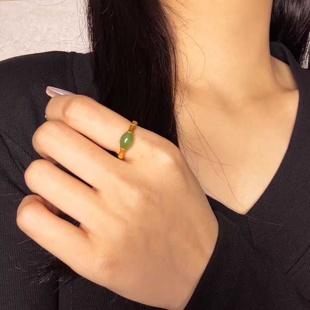 Bague Jade Bambou Argent Plaqué Or – Harmonie et Sérénité - Biloria
