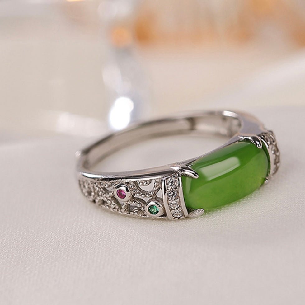 Bague Jade et Zircon en Argent Plaqué Or, Bijou Ajustable - Biloria