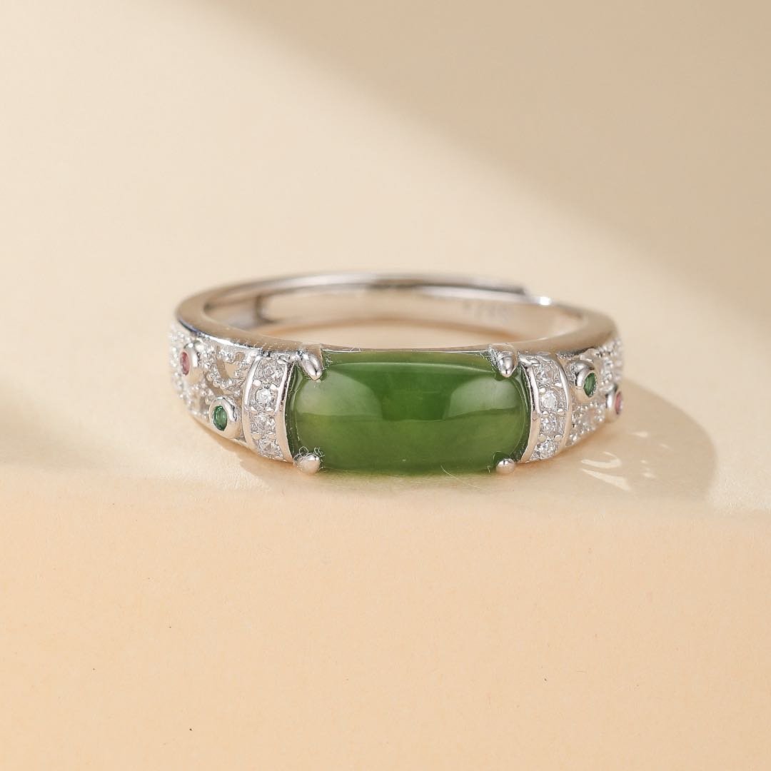 Bague Jade et Zircon en Argent Plaqué Or, Bijou Ajustable - Biloria