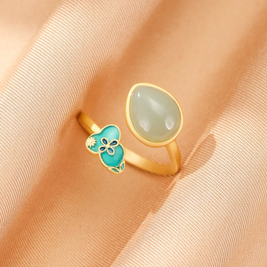 Bague Jade Néphrite Goutte et Gourde – Argent Plaqué Or Ajustable - Biloria