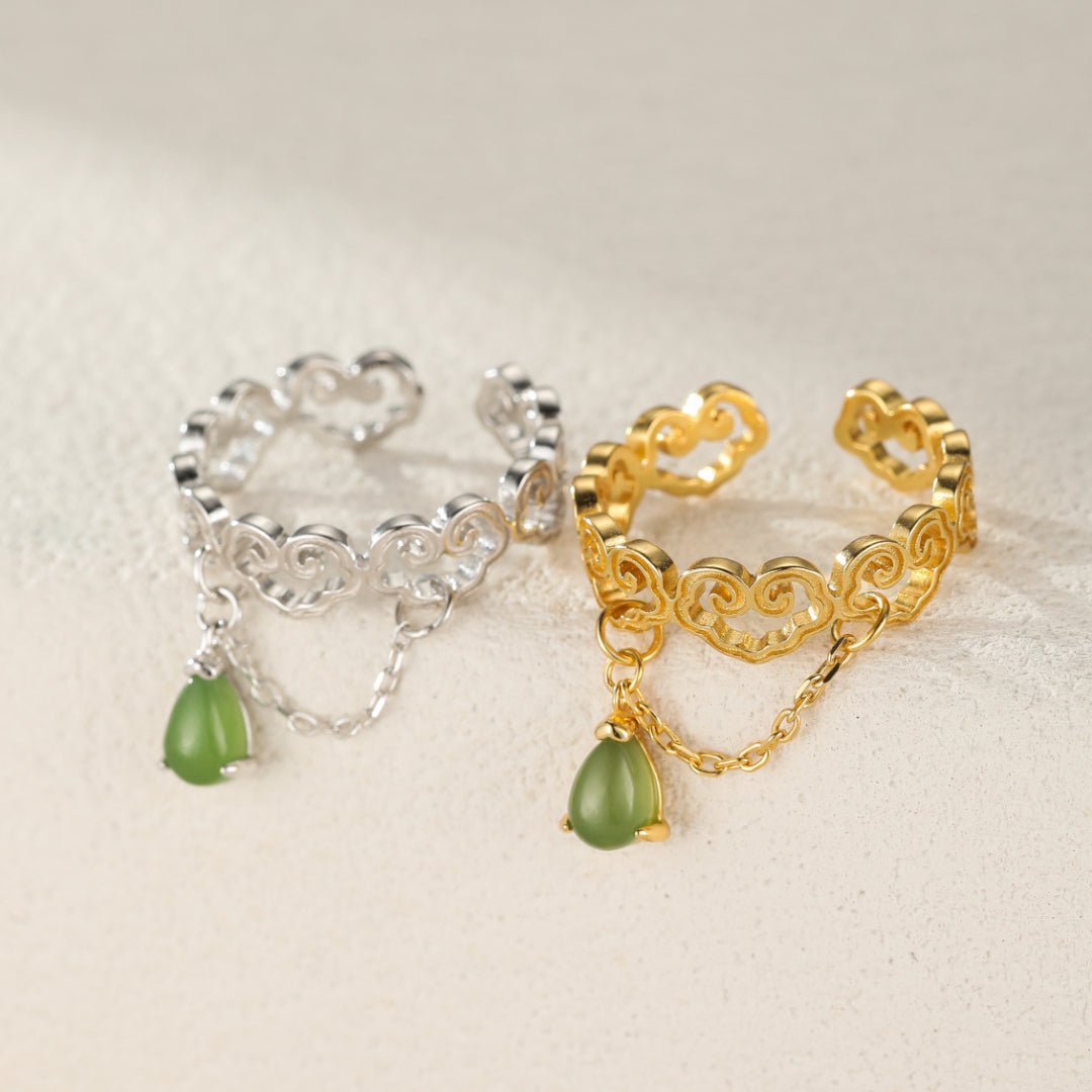 Bague Jade Nuage du Bonheur Argent Plaqué Or Ajustable - Biloria