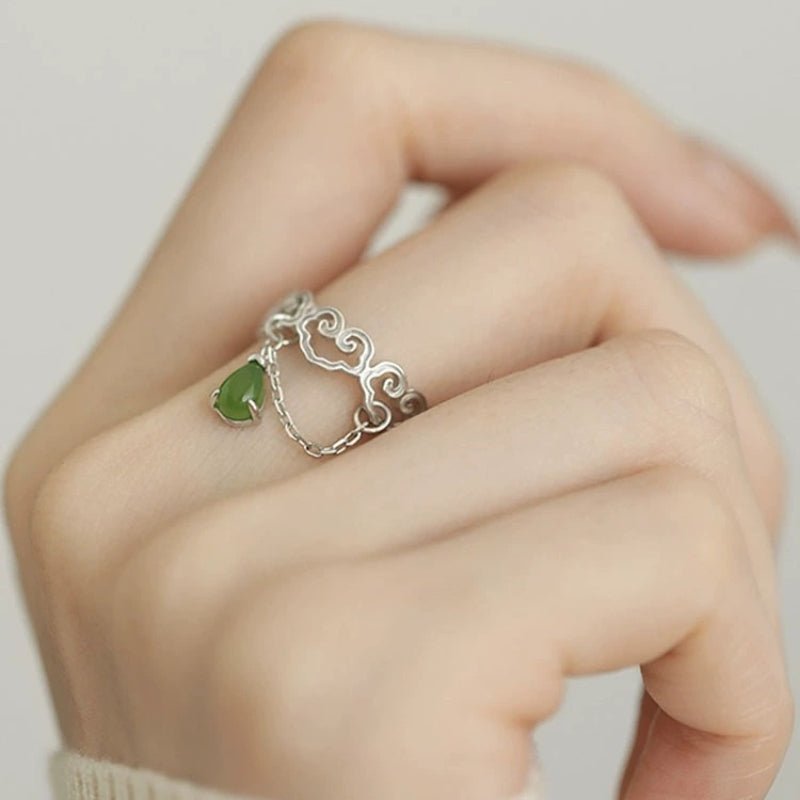Bague Jade Nuage du Bonheur Argent Plaqué Or Ajustable - Biloria