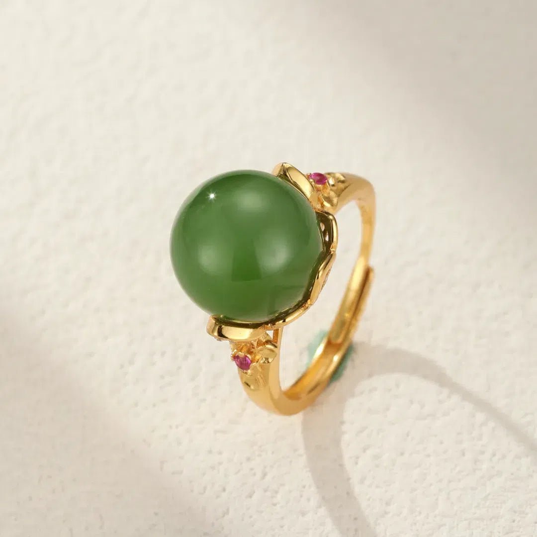 Bague Jade Vert et Zircon - Argent Plaqué Or Réglable - Biloria