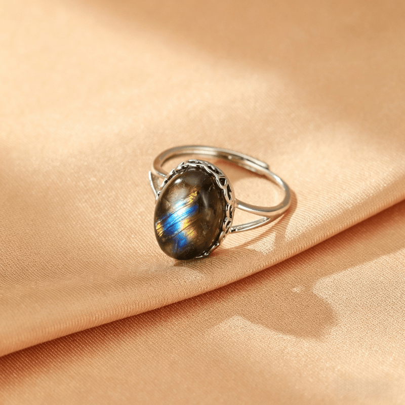 Bague Labradorite Ajustable – Pierre Naturelle aux Reflets Irisés - Biloria
