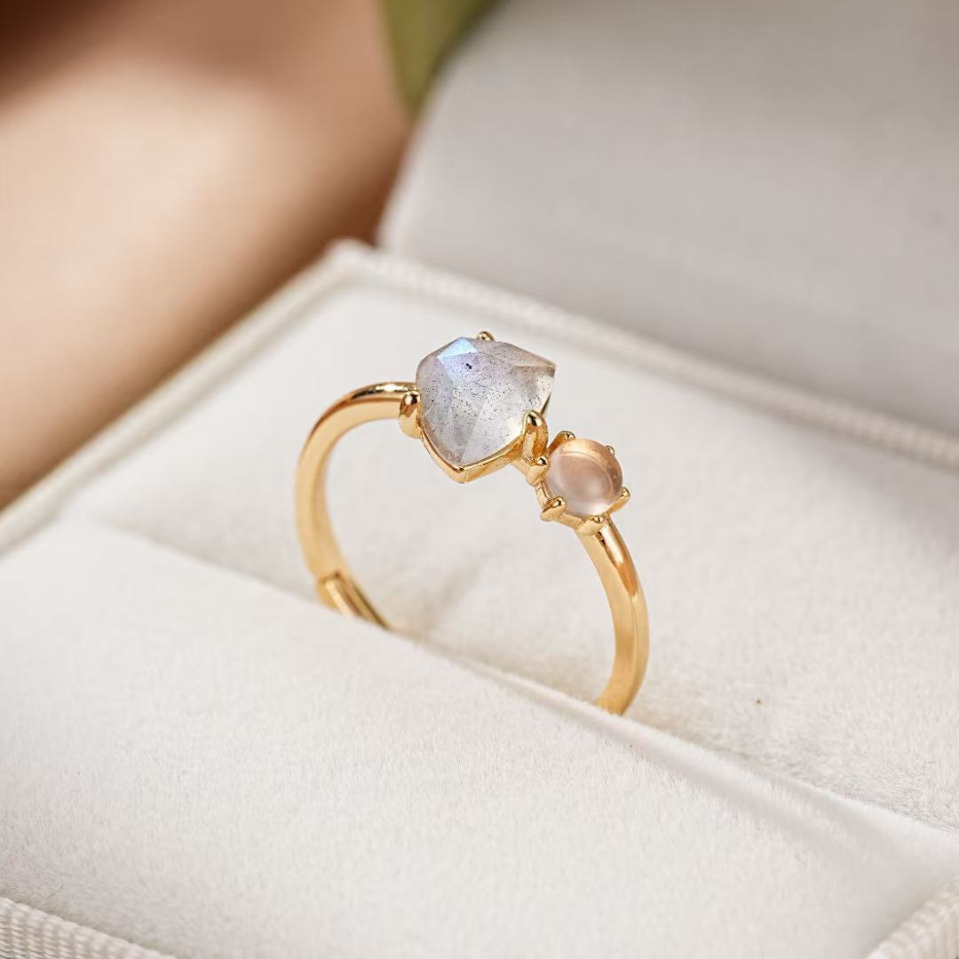 Bague Labradorite Perle Argent Plaqué Or 10K Ajustable - Biloria