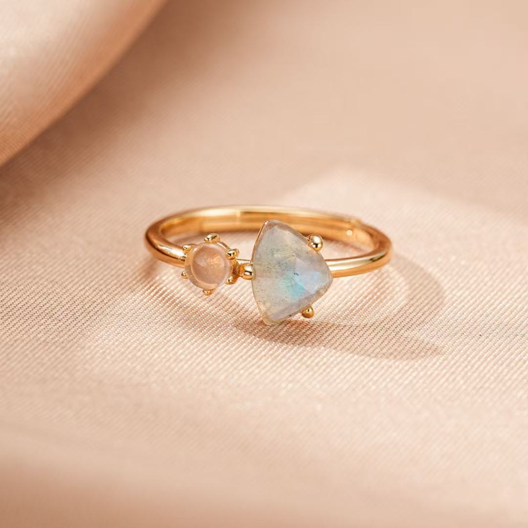 Bague Labradorite Perle Argent Plaqué Or 10K Ajustable - Biloria