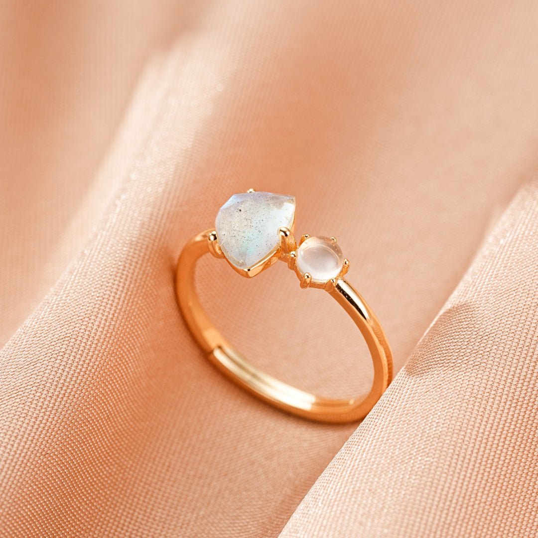 Bague Labradorite Perle Argent Plaqué Or 10K Ajustable - Biloria