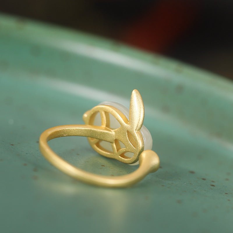 Bague Lapin Jade Année du Lapin Argent Plaqué Or Ajustable - Biloria