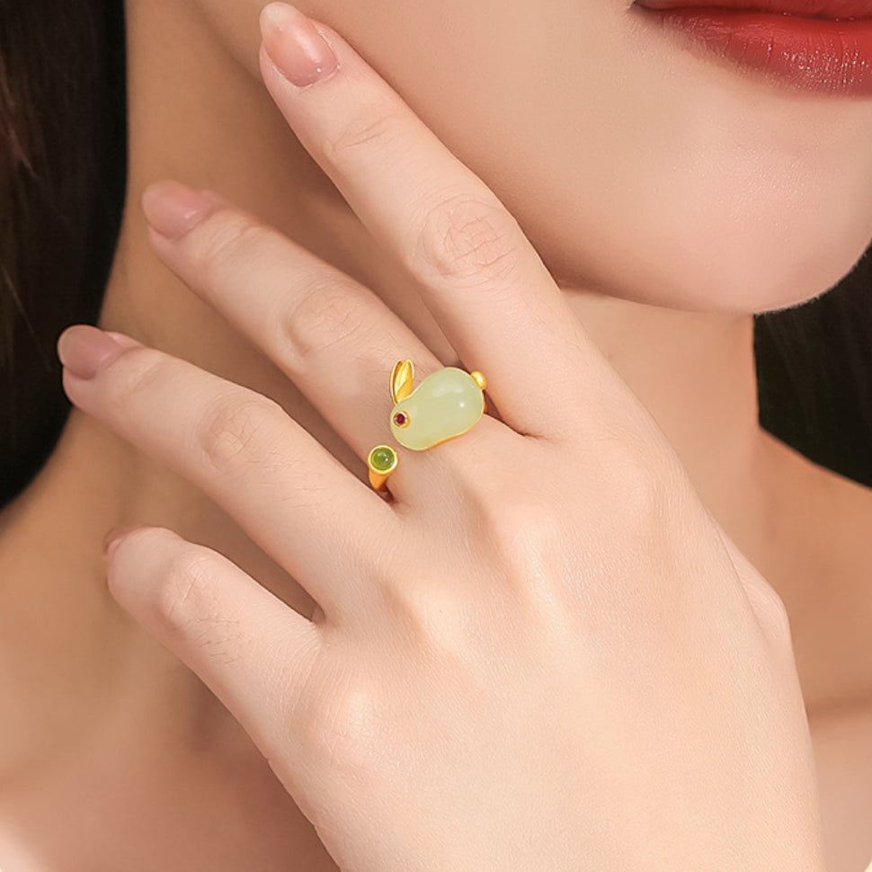 Bague Lapin Jade Année du Lapin Argent Plaqué Or Ajustable - Biloria