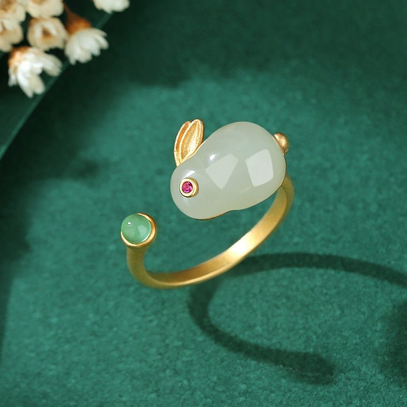 Bague Lapin Jade Année du Lapin Argent Plaqué Or Ajustable - Biloria