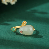 Bague Lapin Jade Année du Lapin Argent Plaqué Or Ajustable - Biloria