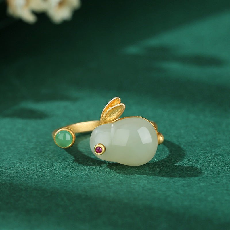 Bague Lapin Jade Année du Lapin Argent Plaqué Or Ajustable - Biloria