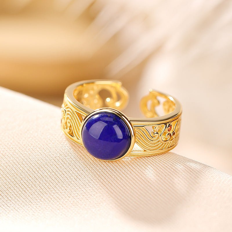 Bague Lapis Lazuli et Ondes d'Argent Plaqué Or - Feng Shui - Biloria