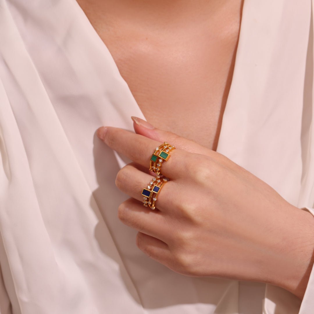 Bague Lapis Lazuli ou Malachite Argent Plaqué Or - Bijou Spirituel - Biloria
