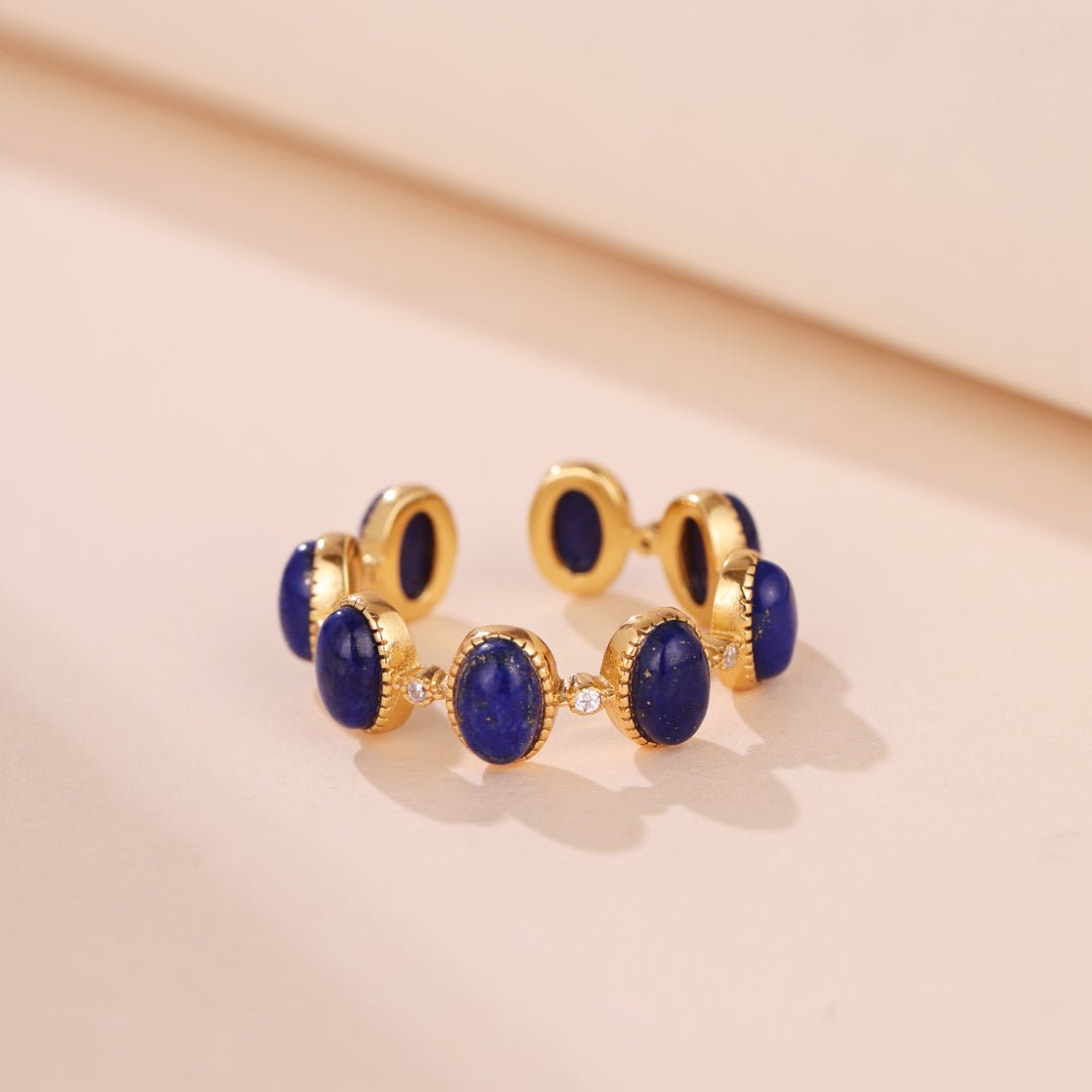 Bague Lapis Lazuli Zircon Argent Plaqué Or Ajustable - Biloria