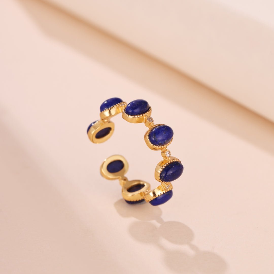 Bague Lapis Lazuli Zircon Argent Plaqué Or Ajustable - Biloria