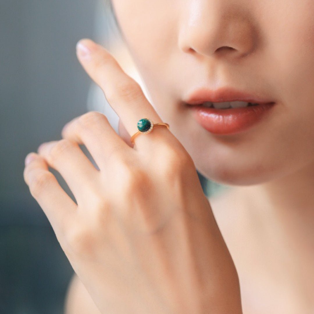 Bague Malachite et Zircons - Argent Plaqué Or Ajustable - Biloria