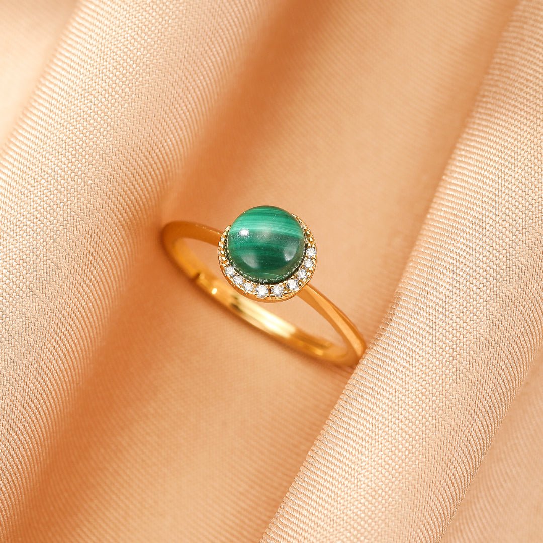 Bague Malachite et Zircons - Argent Plaqué Or Ajustable - Biloria